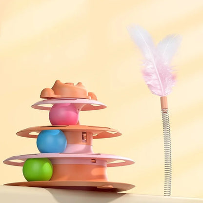 4-Layer Feather Cat Turntable with&nbsp; Toy Balls &amp; Play Stick – Interactive Cat Toy