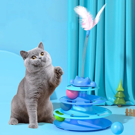 4-Layer Feather Cat Turntable with&nbsp; Toy Balls &amp; Play Stick – Interactive Cat Toy