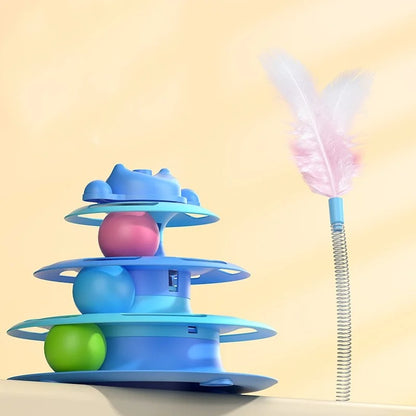 4-Layer Feather Cat Turntable with&nbsp; Toy Balls &amp; Play Stick – Interactive Cat Toy