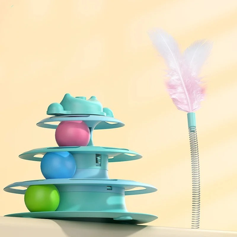 4-Layer Feather Cat Turntable with&nbsp; Toy Balls &amp; Play Stick – Interactive Cat Toy